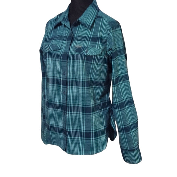 Columbia Flannel Button Shirt Womens Medium Teal Blue Green Long Sleeve Plaid - Picture 1 of 10